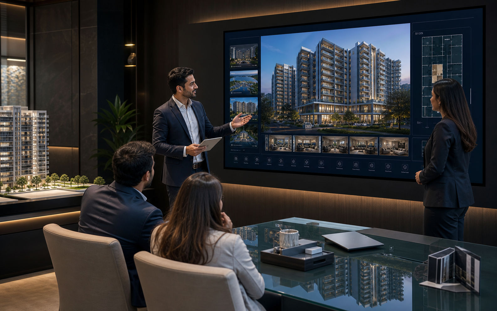 Sales team presenting an interactive real estate project on a large screen to clients